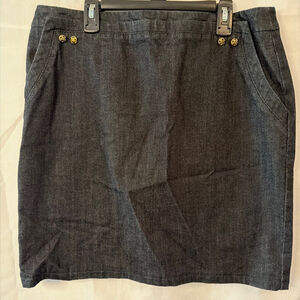 RENA LANGE Blue Denim Dark Wash Mini Skirt with Gold Logo Accent Buttons Size 10